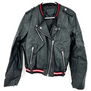 Blank NYC Size Medium Faux Leather Jacket Moto Style‎ Black Red White Zip Up